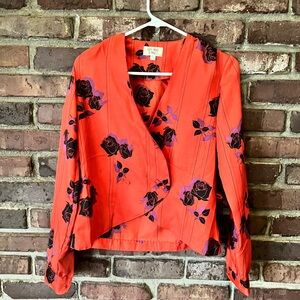Vintage 80s Red Floral Blouse with Black and Purple Roses Size M-L